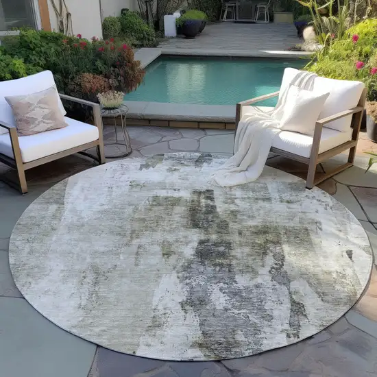 8' Taupe Ivory And Gray Round Abstract Washable Indoor Outdoor Area Rug Photo 7