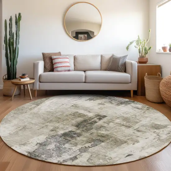 8' Taupe Ivory And Gray Round Abstract Washable Indoor Outdoor Area Rug Photo 8