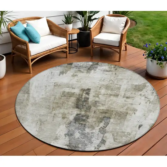 8' Taupe Ivory And Gray Round Abstract Washable Indoor Outdoor Area Rug Photo 1
