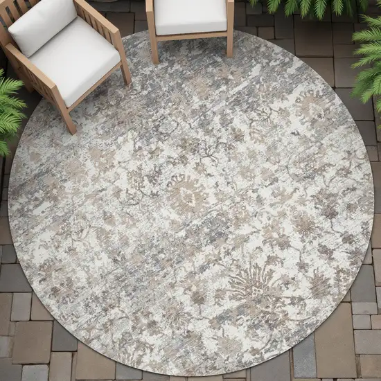 8' Taupe Ivory And Gray Round Abstract Washable Indoor Outdoor Area Rug Photo 6