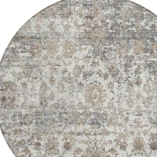 8' Taupe Ivory And Gray Round Abstract Washable Indoor Outdoor Area Rug Photo 5