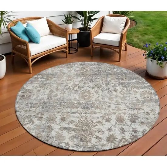 8' Taupe Ivory And Gray Round Abstract Washable Indoor Outdoor Area Rug Photo 2