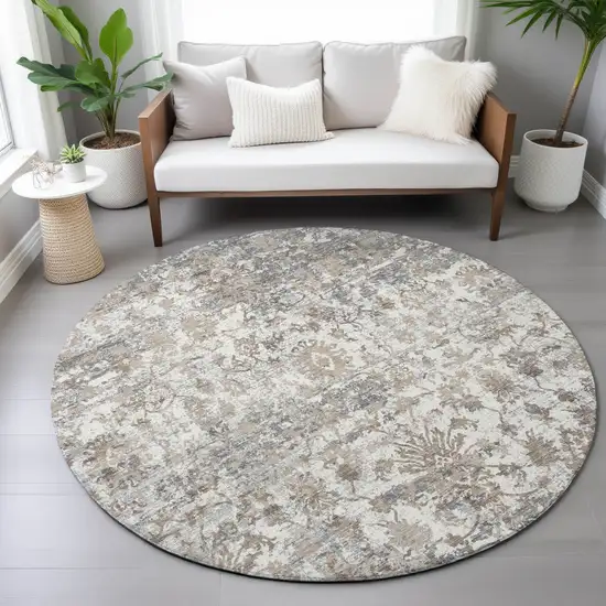 8' Taupe Ivory And Gray Round Abstract Washable Indoor Outdoor Area Rug Photo 7