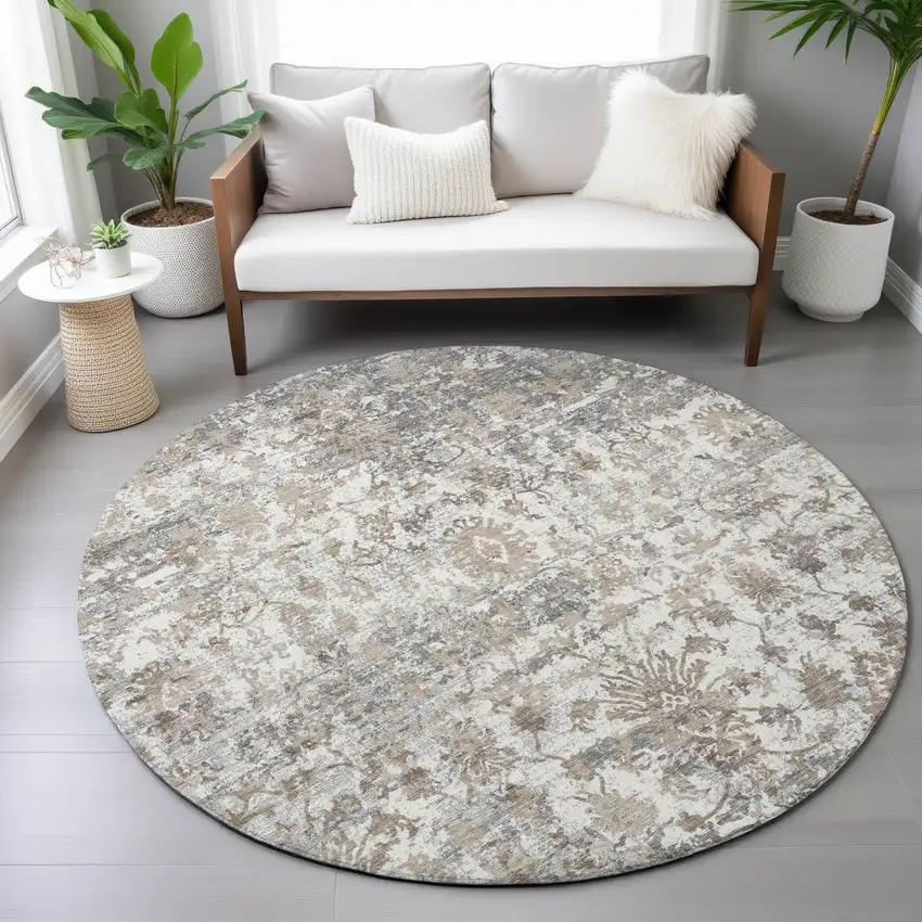 8' Taupe Ivory And Gray Round Abstract Washable Indoor Outdoor Area Rug Photo 7