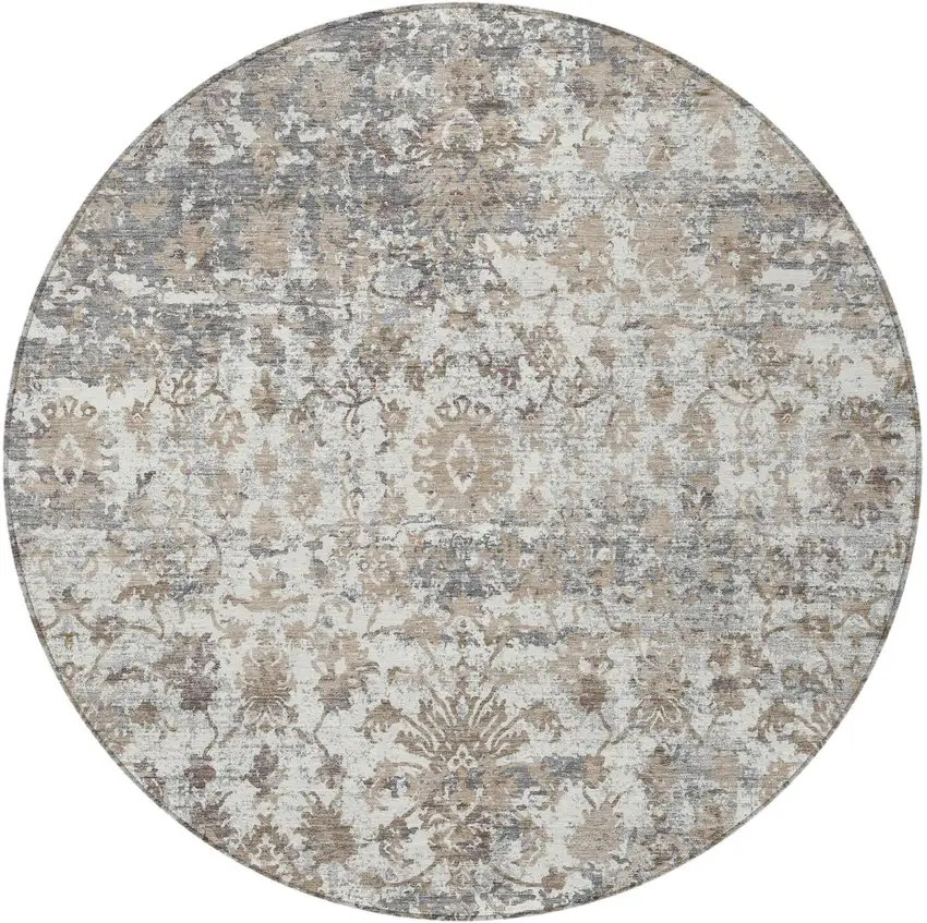 8' Taupe Ivory And Gray Round Abstract Washable Indoor Outdoor Area Rug Photo 3