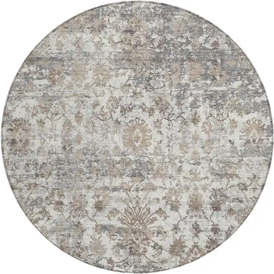 8' Taupe Ivory And Gray Round Abstract Washable Indoor Outdoor Area Rug Photo 1