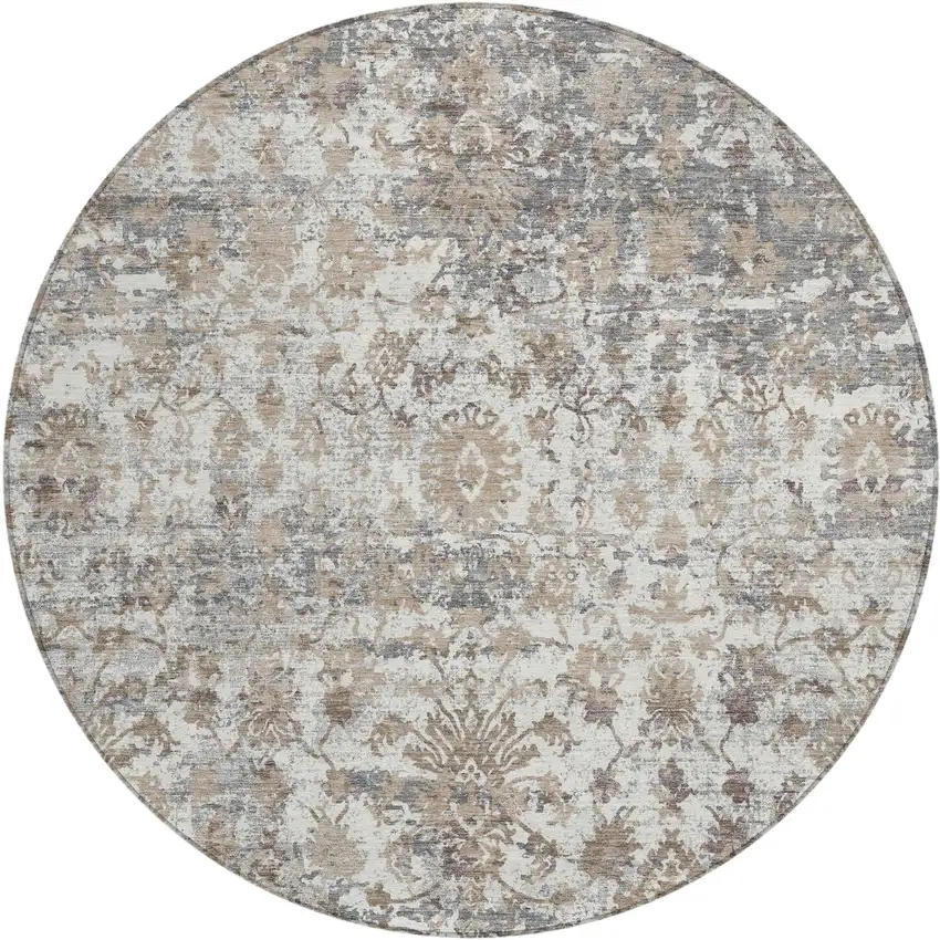 8' Taupe Ivory And Gray Round Abstract Washable Indoor Outdoor Area Rug Photo 1