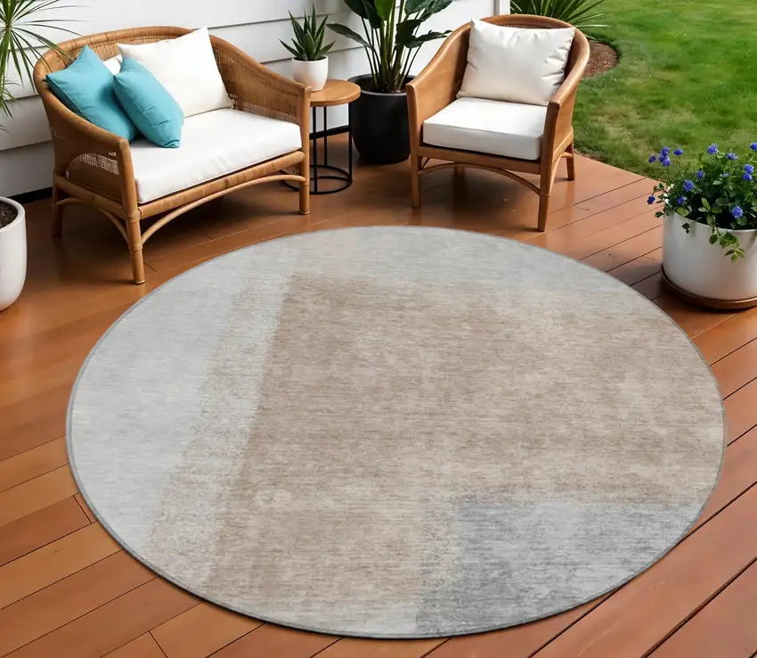 8' Taupe Ivory And Gray Round Abstract Washable Indoor Outdoor Area Rug Photo 1