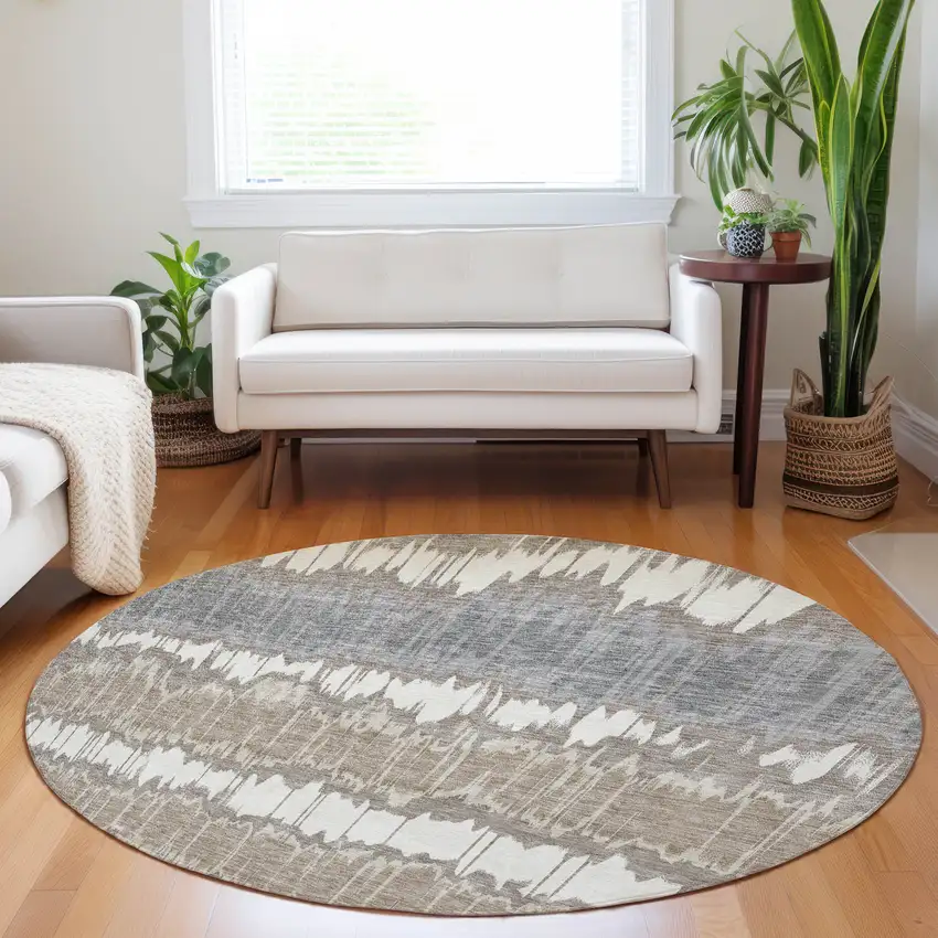 8' Taupe Ivory And Gray Striped Washable Round Rug With UV Protection Photo 5
