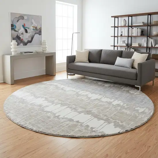 8' Taupe Ivory And Gray Striped Washable Round Rug With UV Protection Photo 2