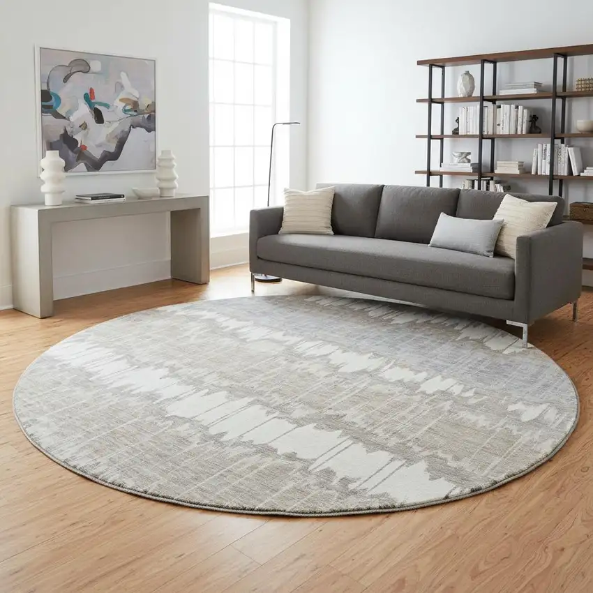 8' Taupe Ivory And Gray Striped Washable Round Rug With UV Protection Photo 2