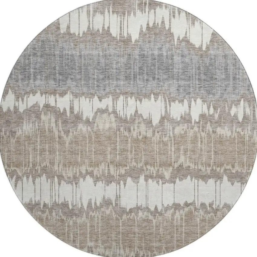 8' Taupe Ivory And Gray Striped Washable Round Rug With UV Protection Photo 4