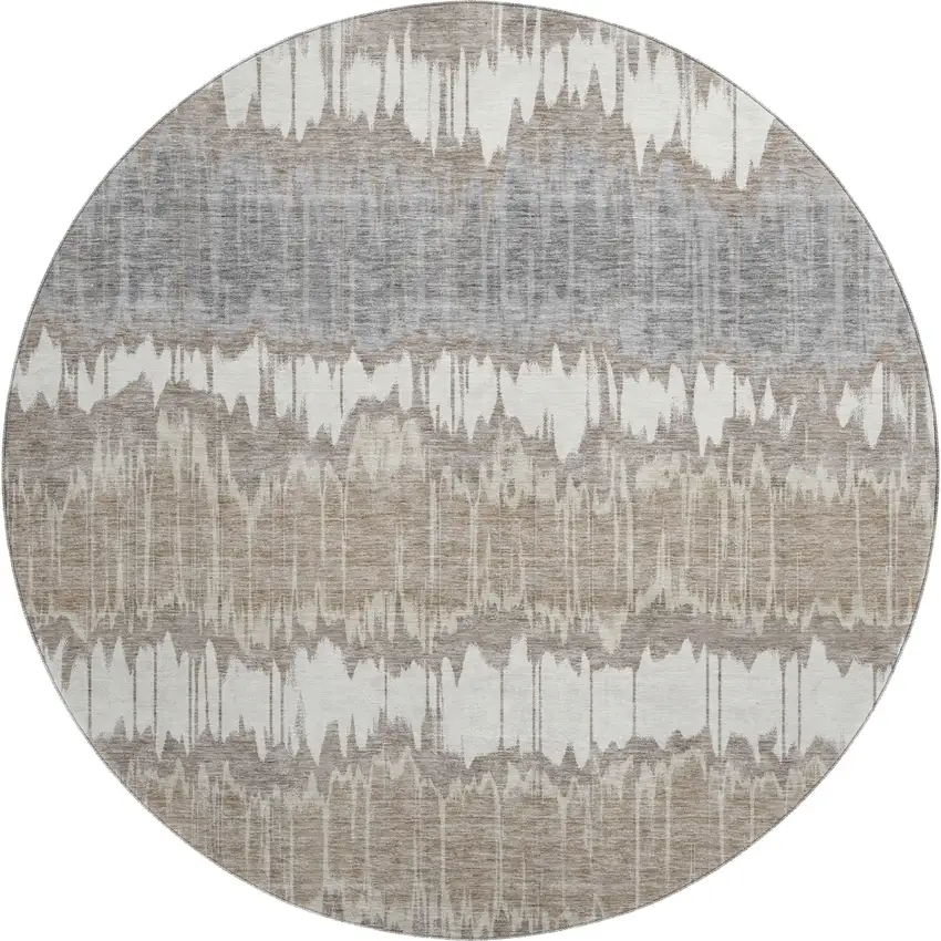 8' Taupe Ivory And Gray Striped Washable Round Rug With UV Protection Photo 1