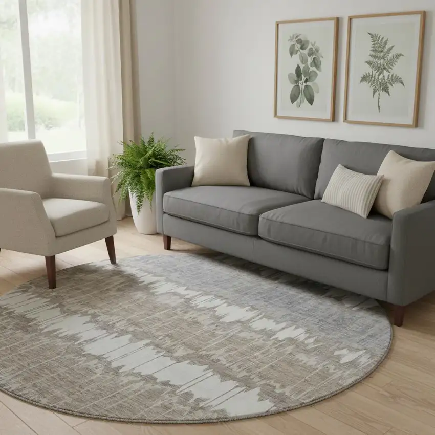 8' Taupe Ivory And Gray Striped Washable Round Rug With UV Protection Photo 1