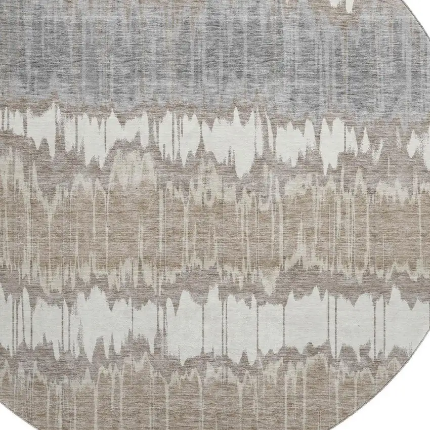 8' Taupe Ivory And Gray Striped Washable Round Rug With UV Protection Photo 3