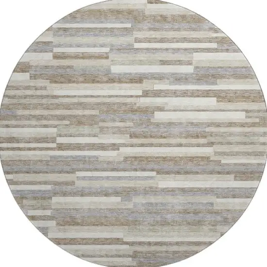 8' Taupe Ivory And Gray Striped Washable Round Rug With UV Protection Photo 4