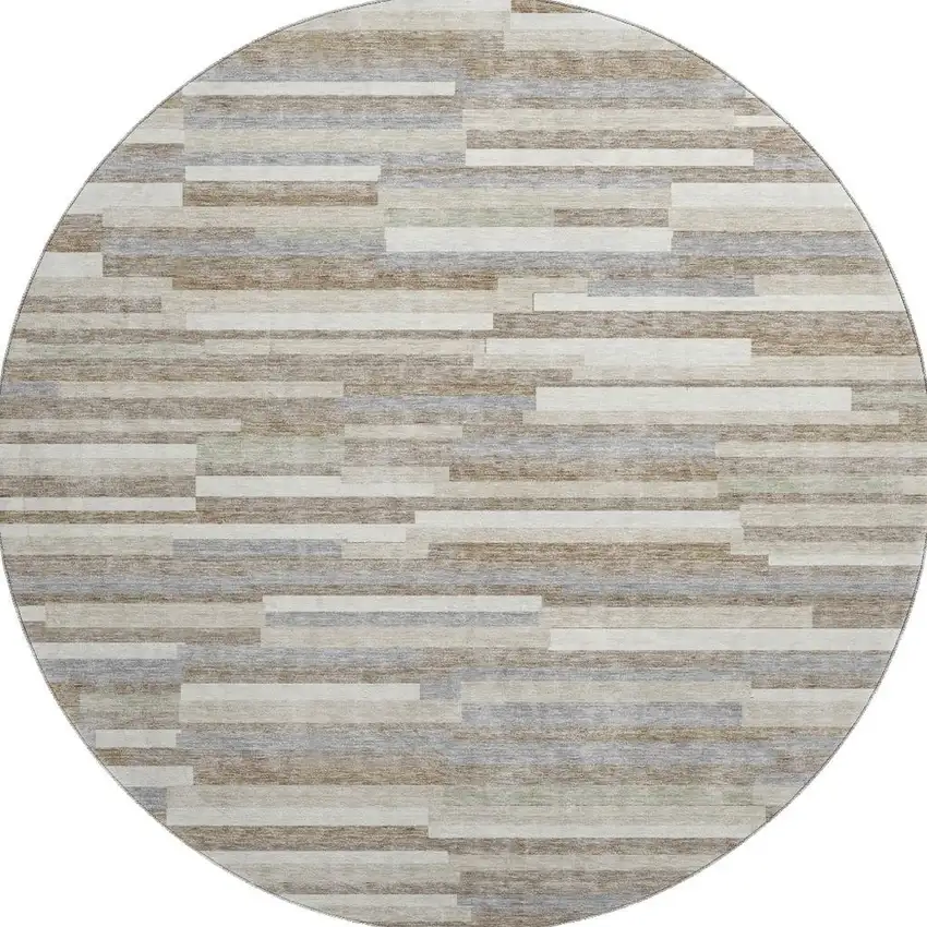 8' Taupe Ivory And Gray Striped Washable Round Rug With UV Protection Photo 4