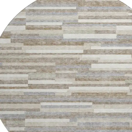 8' Taupe Ivory And Gray Striped Washable Round Rug With UV Protection Photo 3