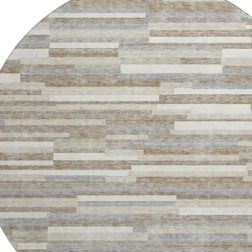 8' Taupe Ivory And Gray Striped Washable Round Rug With UV Protection Photo 3
