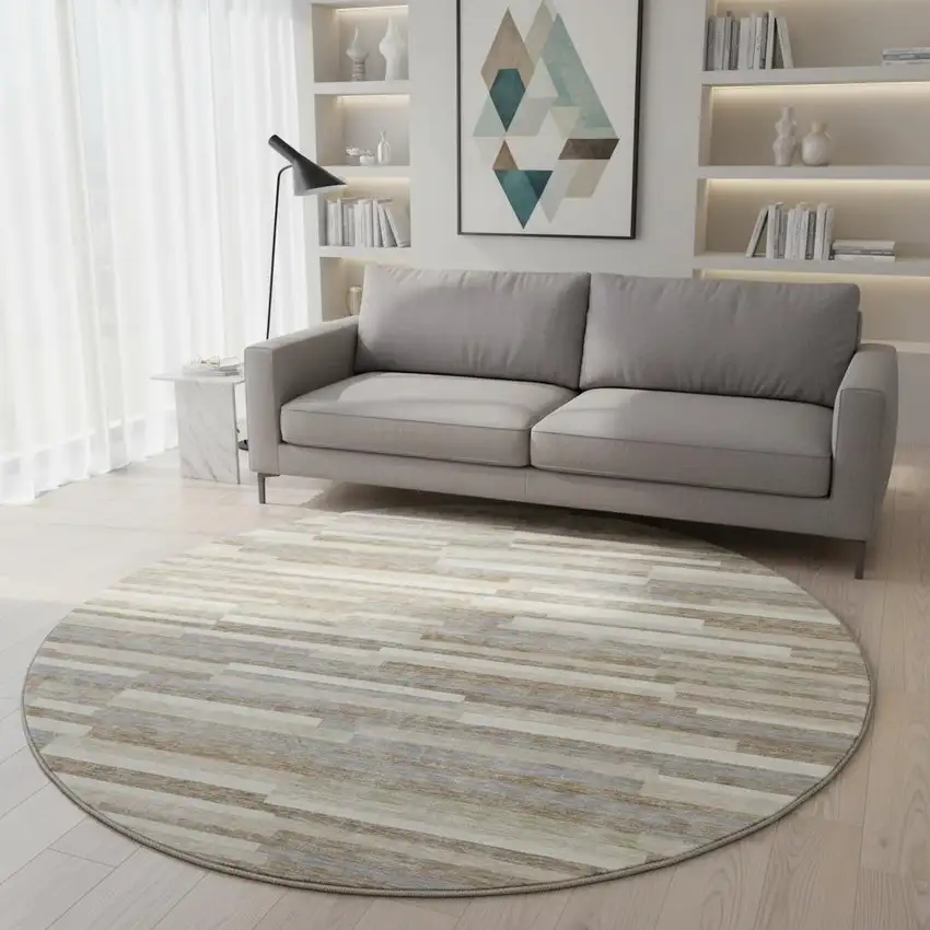 8' Taupe Ivory And Gray Striped Washable Round Rug With UV Protection Photo 2