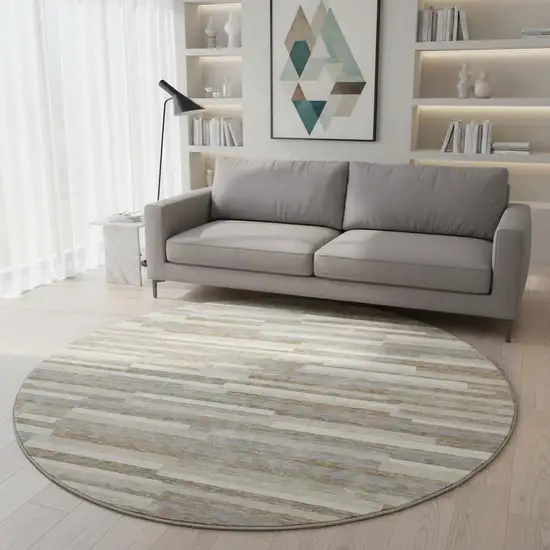 8' Taupe Ivory And Gray Striped Washable Round Rug With UV Protection Photo 2