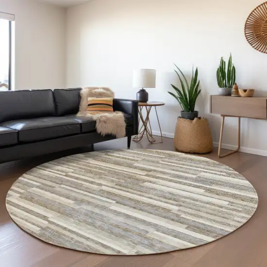 8' Taupe Ivory And Gray Striped Washable Round Rug With UV Protection Photo 5