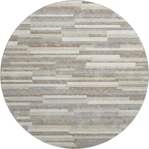 Photo of 8' Taupe Ivory And Gray Striped Washable Round Rug With UV Protection