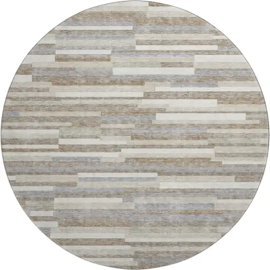 8' Taupe Ivory And Gray Striped Washable Round Rug With UV Protection Photo 1
