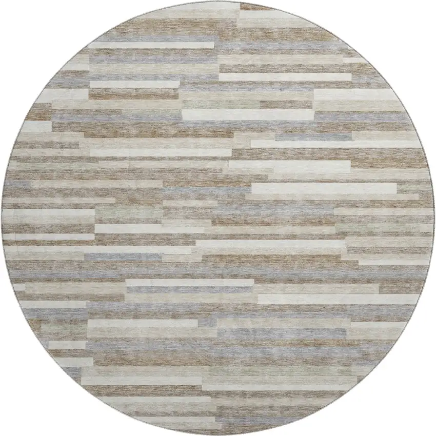 8' Taupe Ivory And Gray Striped Washable Round Rug With UV Protection Photo 1