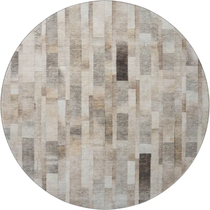 8' Taupe Ivory And Gray Striped Washable Round Rug With UV Protection Photo 3