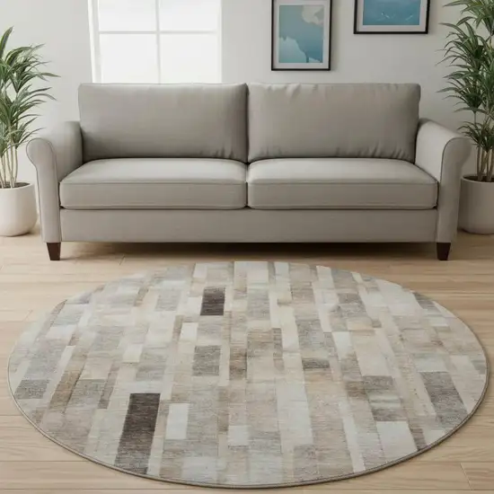 8' Taupe Ivory And Gray Striped Washable Round Rug With UV Protection Photo 2
