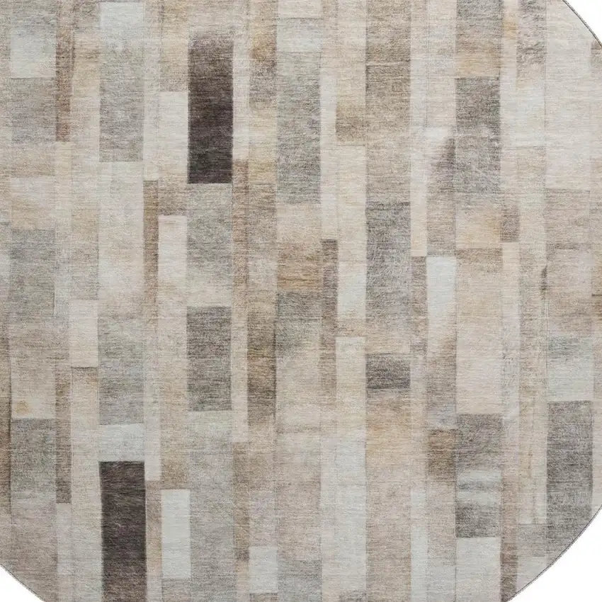 8' Taupe Ivory And Gray Striped Washable Round Rug With UV Protection Photo 2