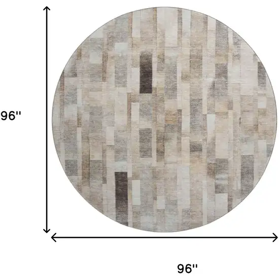 8' Taupe Ivory And Gray Striped Washable Round Rug With UV Protection Photo 9