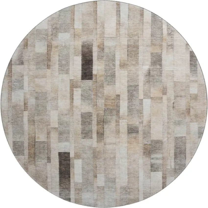 8' Taupe Ivory And Gray Striped Washable Round Rug With UV Protection Photo 1
