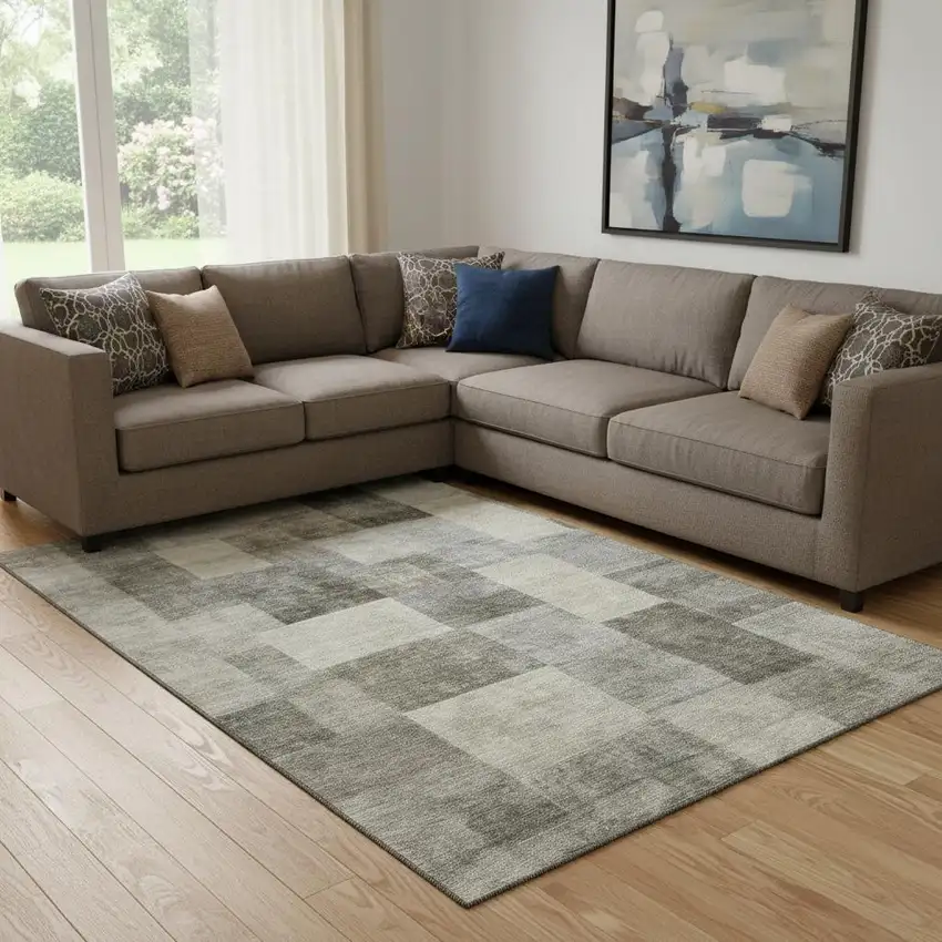 8' Taupe Ivory And Khaki Geometric Washable Area Rug With UV Protection Photo 2