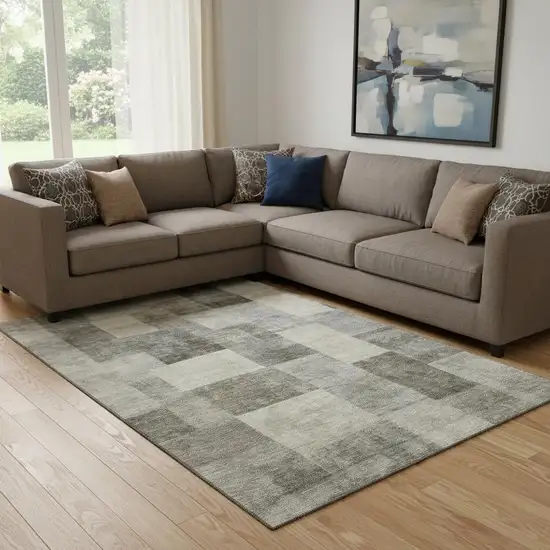 8' Taupe Ivory And Khaki Geometric Washable Area Rug With UV Protection Photo 2