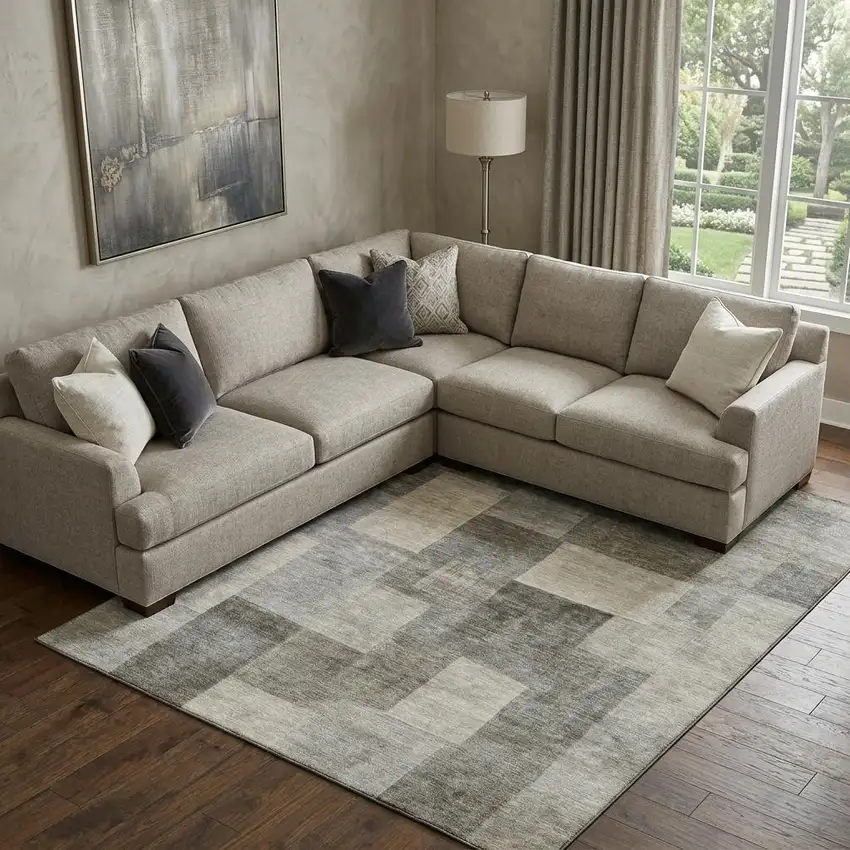 8' Taupe Ivory And Khaki Geometric Washable Area Rug With UV Protection Photo 1