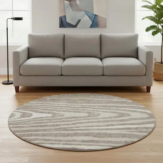 8' Taupe Ivory And Khaki Woodland Lodge Washable Round Rug With UV Protection Photo 2