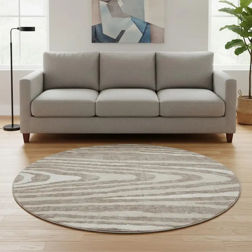 8' Taupe Ivory And Khaki Woodland Lodge Washable Round Rug With UV Protection Photo 2