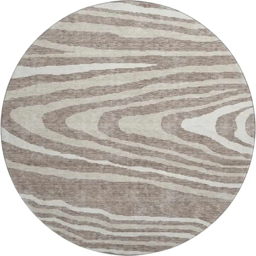 8' Taupe Ivory And Khaki Woodland Lodge Washable Round Rug With UV Protection Photo 1