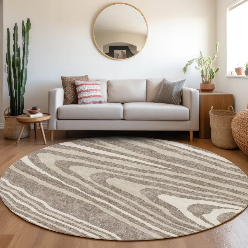 8' Taupe Ivory And Khaki Woodland Lodge Washable Round Rug With UV Protection Photo 4