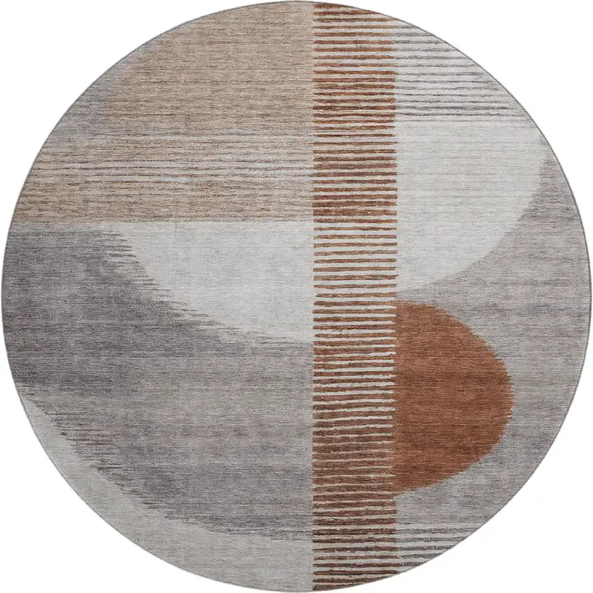 8' Taupe Ivory And Rust Geometric Washable Round Rug With UV Protection Photo 1