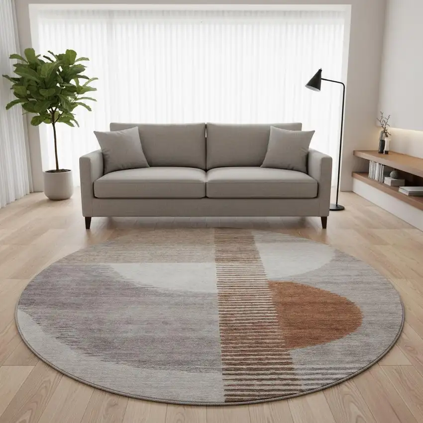 8' Taupe Ivory And Rust Geometric Washable Round Rug With UV Protection Photo 2