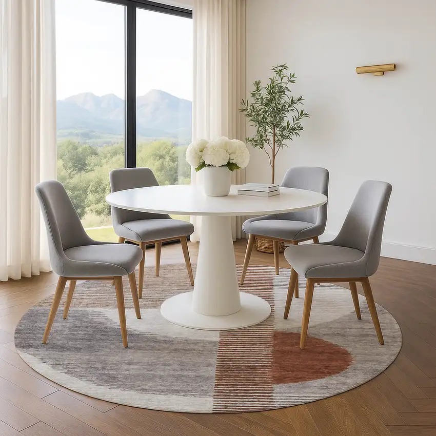 8' Taupe Ivory And Rust Geometric Washable Round Rug With UV Protection Photo 5