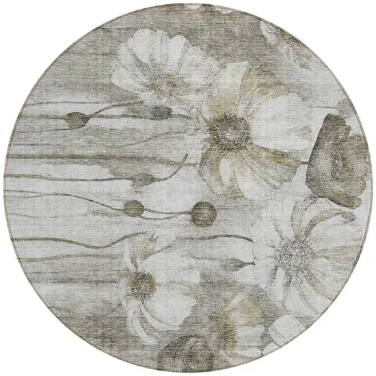 8' Taupe Ivory And Tan Round Floral Washable Indoor Outdoor Area Rug Photo 6