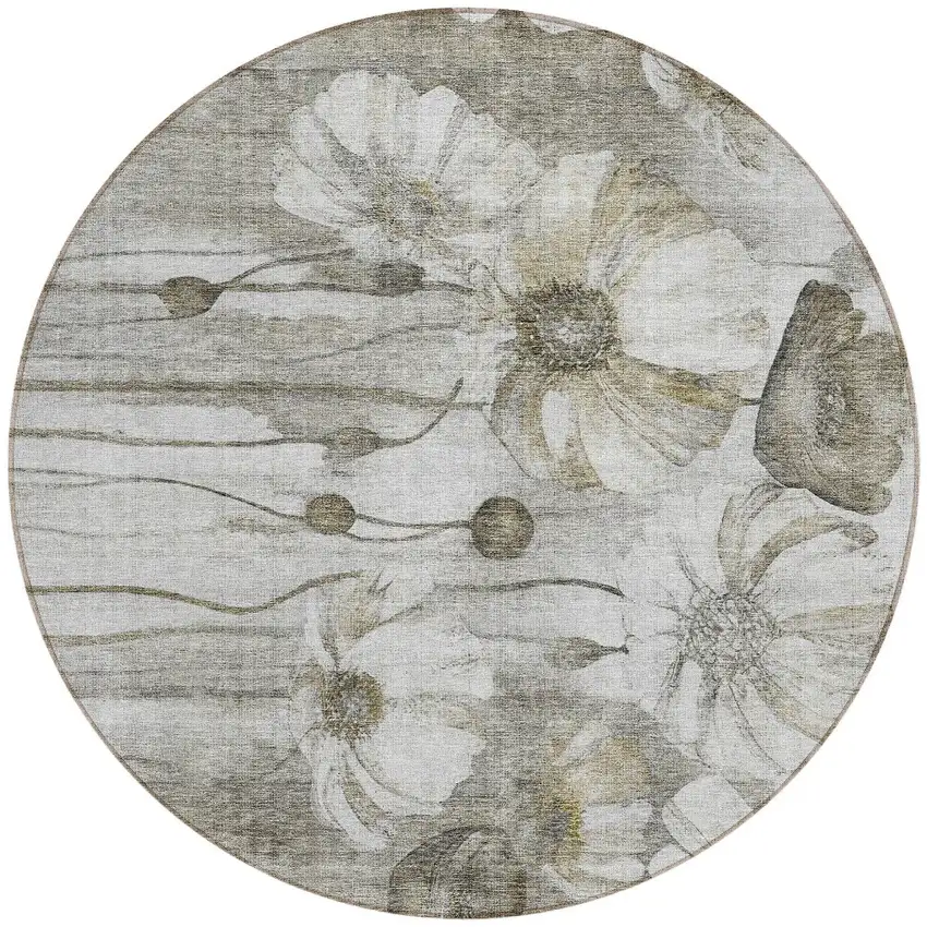 8' Taupe Ivory And Tan Round Floral Washable Indoor Outdoor Area Rug Photo 6