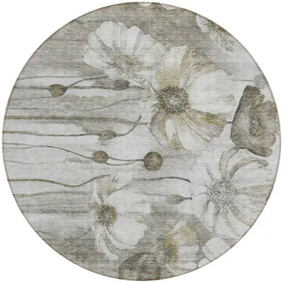 8' Taupe Ivory And Tan Round Floral Washable Indoor Outdoor Area Rug Photo 1