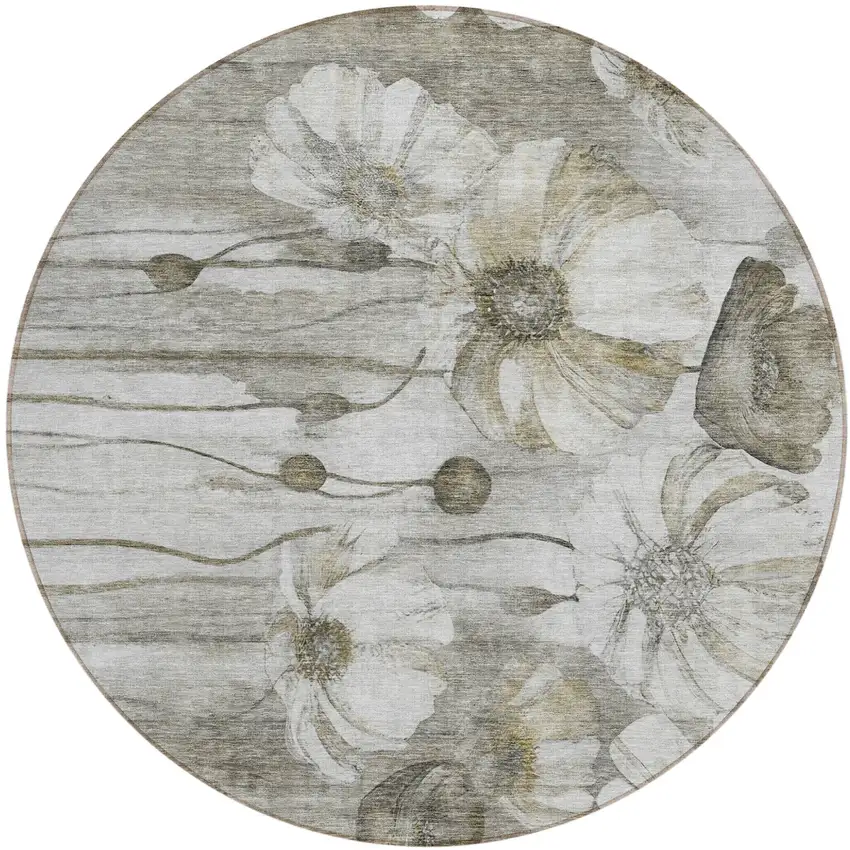 8' Taupe Ivory And Tan Round Floral Washable Indoor Outdoor Area Rug Photo 1