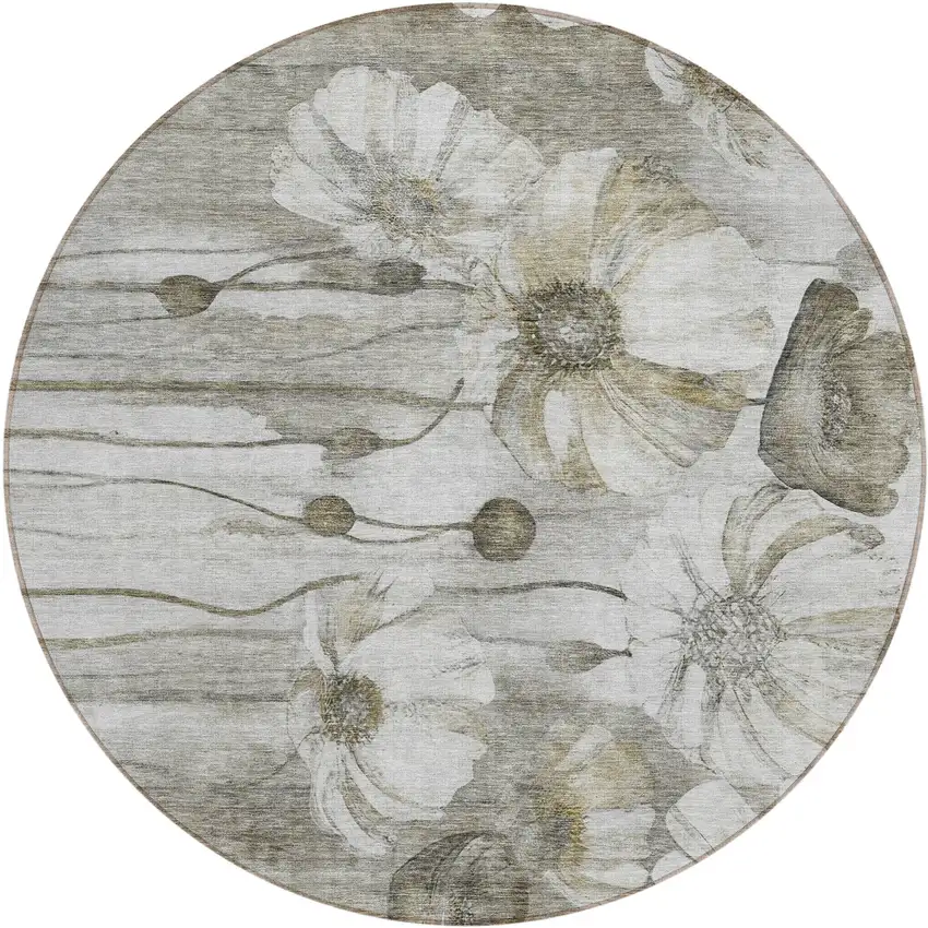 8' Taupe Ivory And Tan Round Floral Washable Indoor Outdoor Area Rug Photo 1
