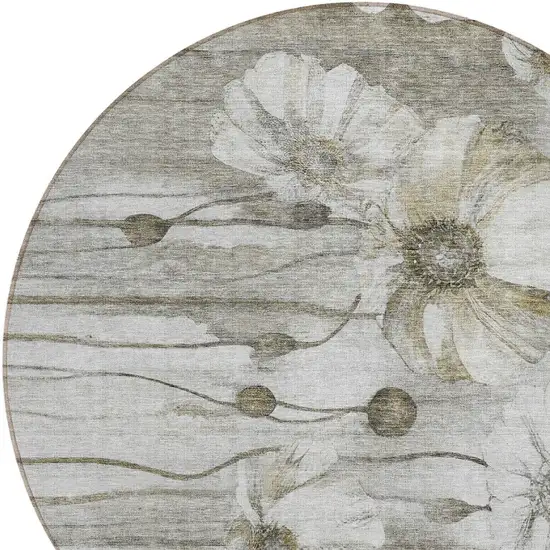 8' Taupe Ivory And Tan Round Floral Washable Indoor Outdoor Area Rug Photo 5